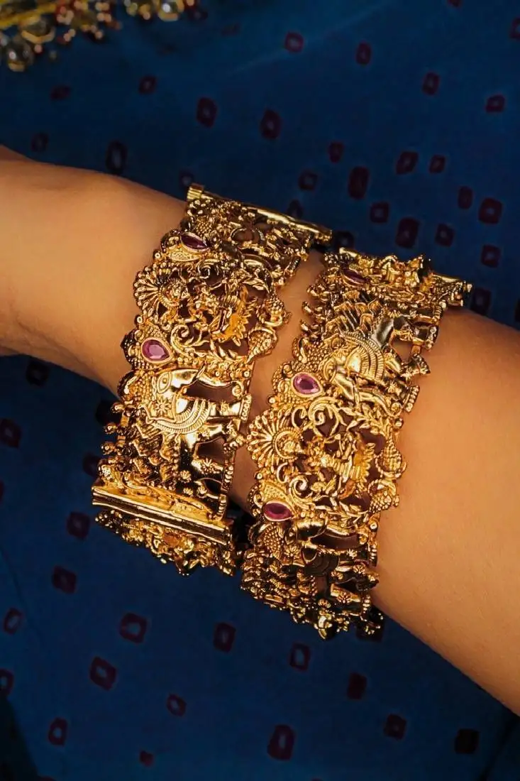 Gold-plated goddess laxmi temple kada bangles set of 2