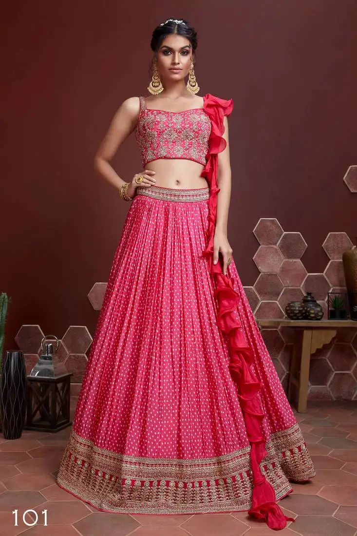 Pink embroidery and print work art silk lehenga with blouse semi stitched
