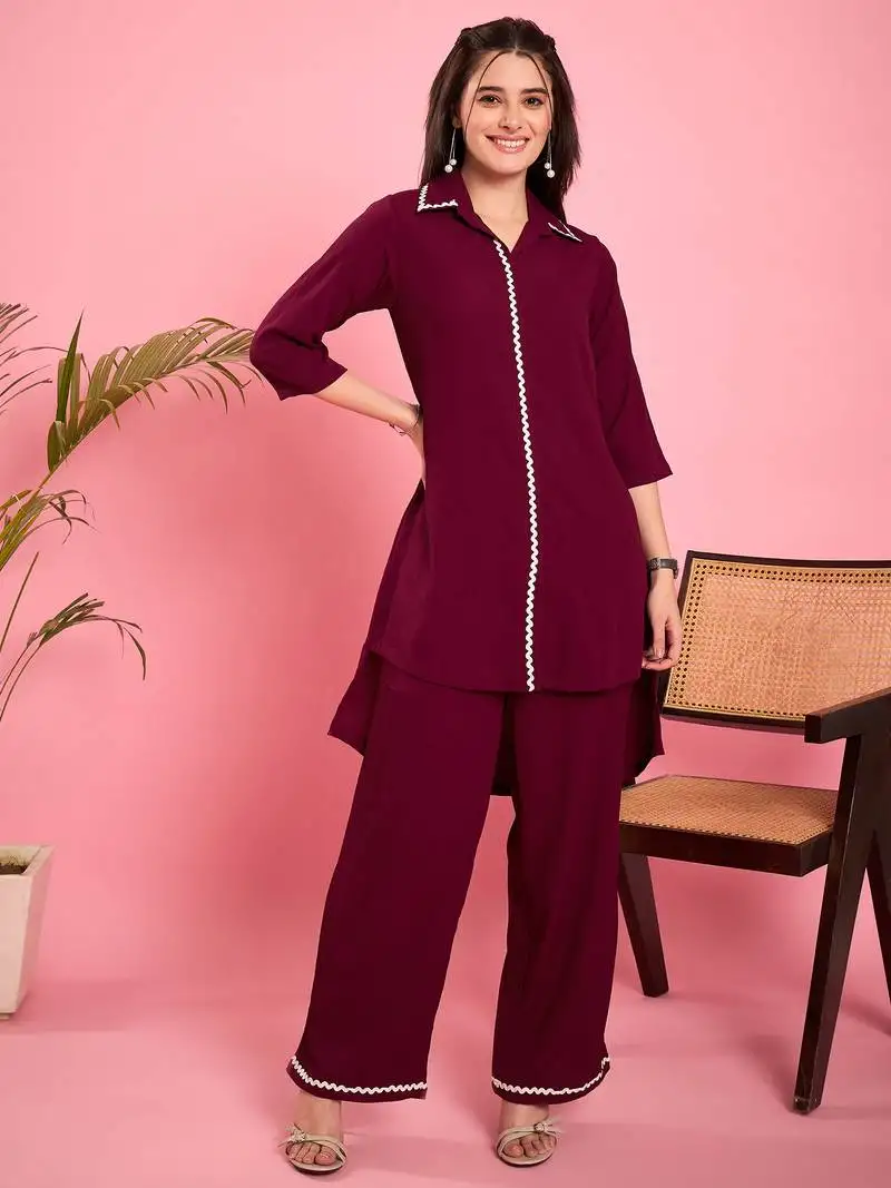 Women purple lace detailing hi-low co-ord set stitched