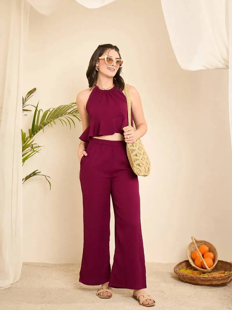 Winered women purple halter neck crop top and pant co-ord set stitched