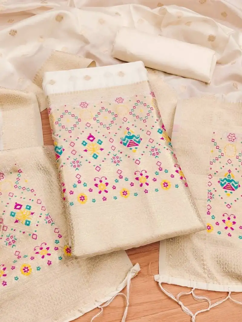 Offwhite soft banarasi silk zari woven design dress material unstitched