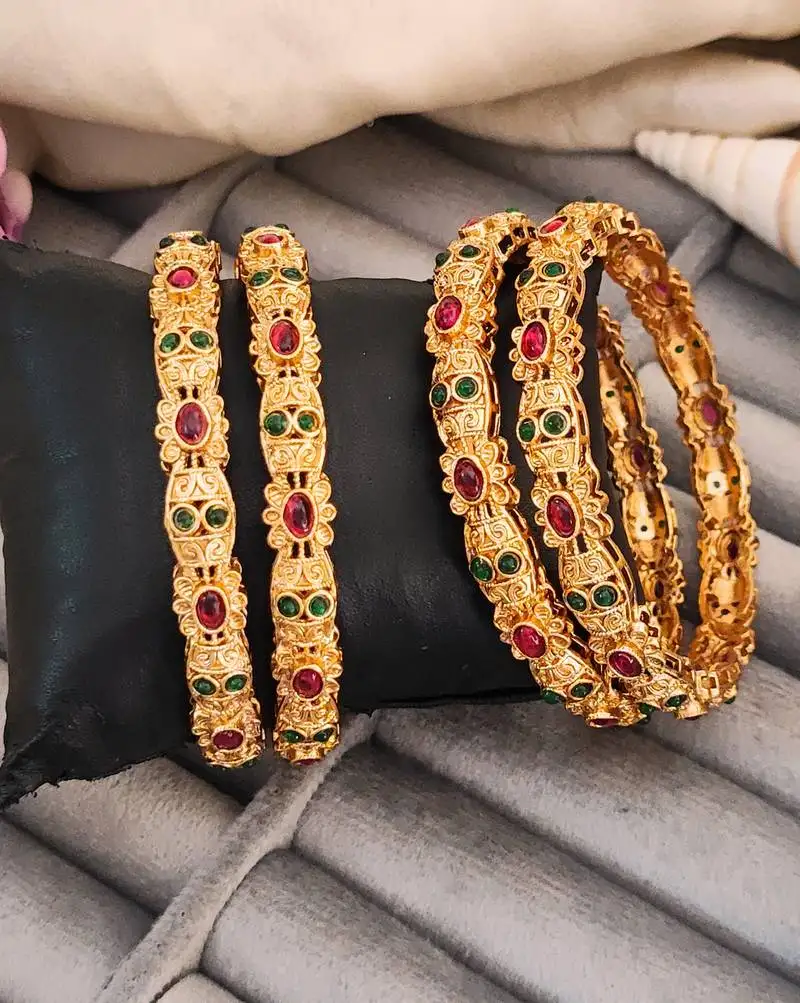 Antique design gold-plated bangles with ruby and emerald stones, set of 4