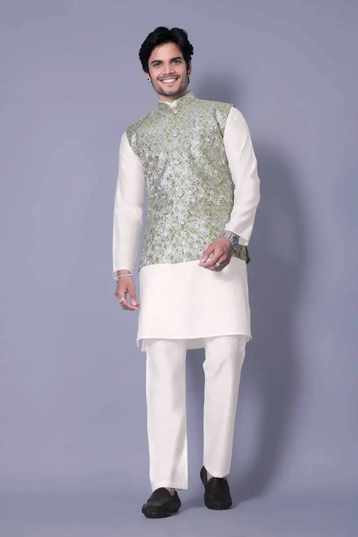 White jacquard work nehru jacket raw silk kurta set for men