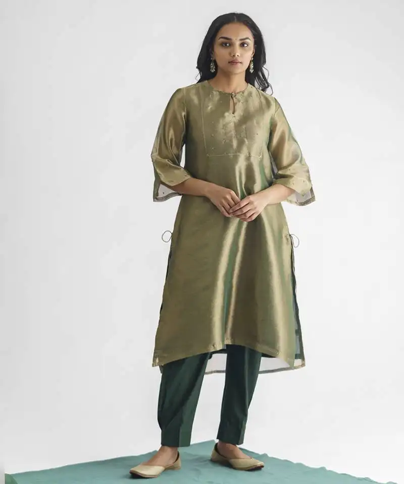 Green sequence work tissue fabric kurta