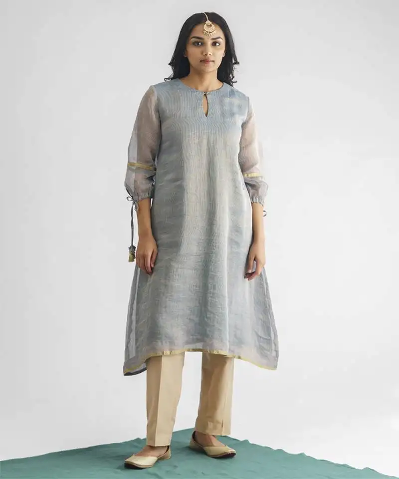 Powder blue zari stripe kurta with tassels