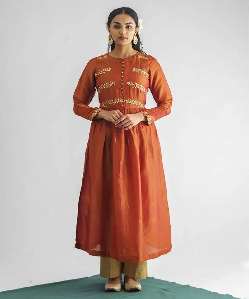 Rust orange floral embroidered georgette tissue kurta