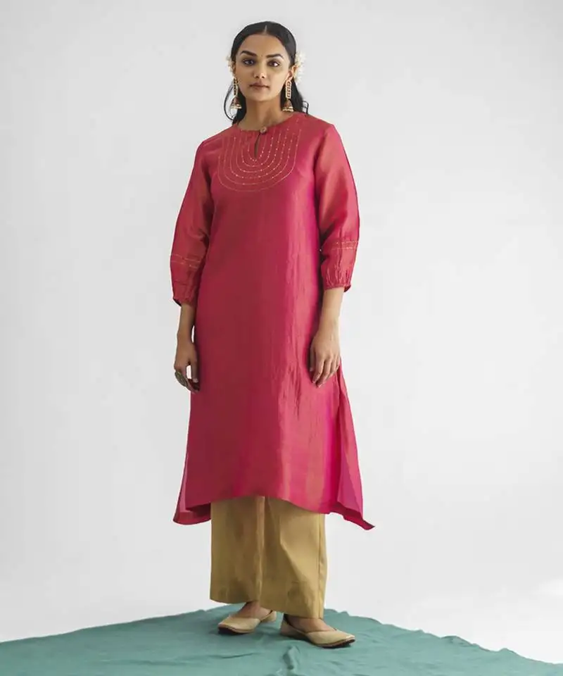 Pink embrodiered georgette tissue kurta (with slip)