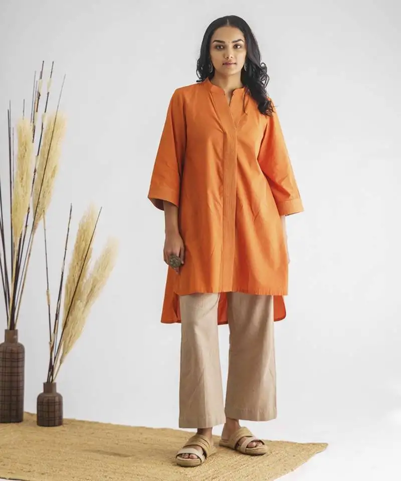 Orange stitched detail high low cotton kurta