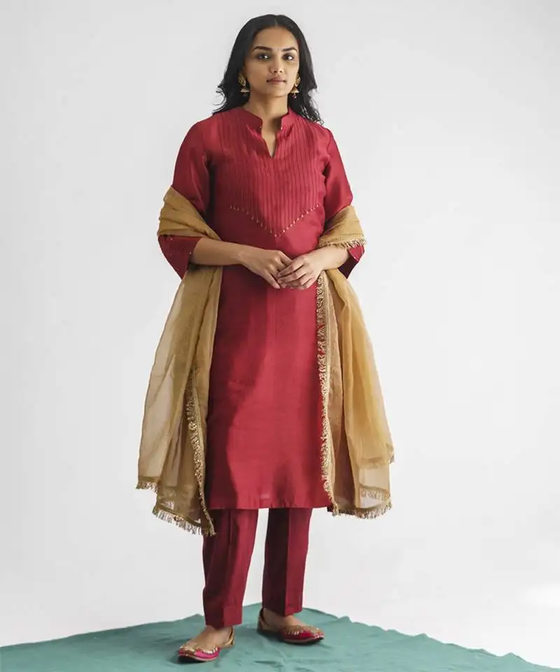 Maroon threadwork chanderi silk kurta with pant and dupatta