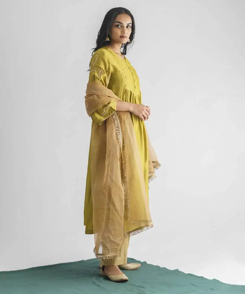 Lime green dori embroidered chanderi silk kurta (with slip) with pants and dupatta