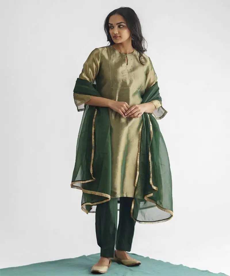 Green sequence work tissue fabric kurta with pant and dupatta