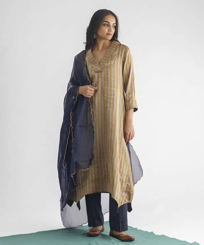 Grey and gold stripe handwoven chanderi silk kurta (with slip) with pant and dupatta