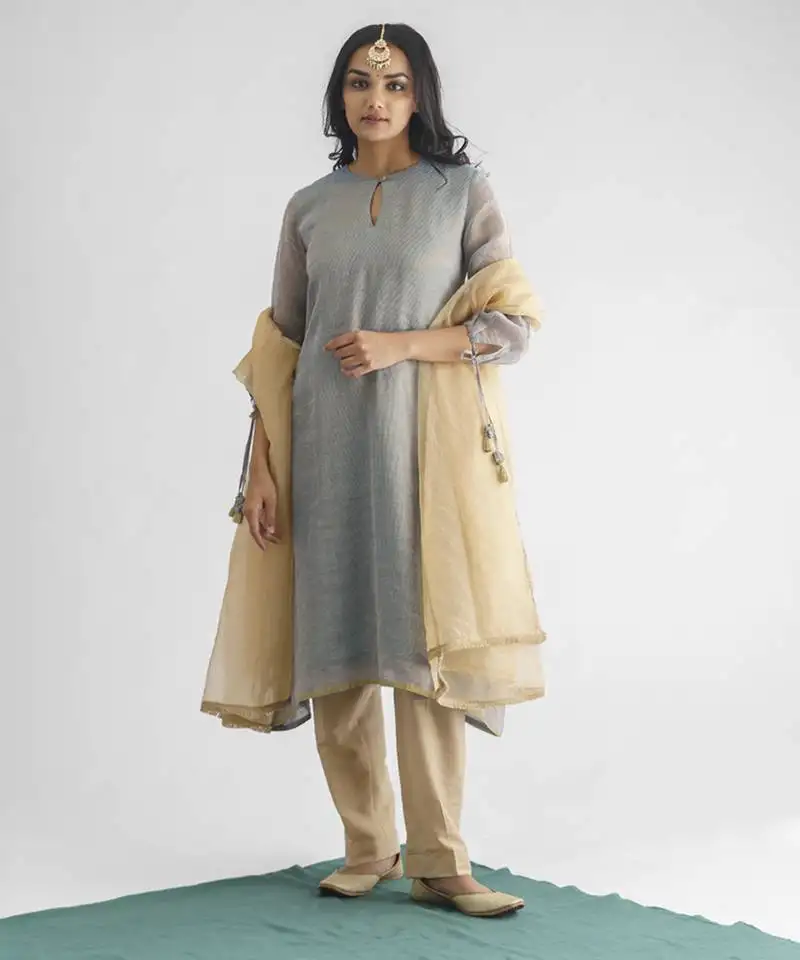 Powder blue zari stripe kurta with tassels with pant and dupatta