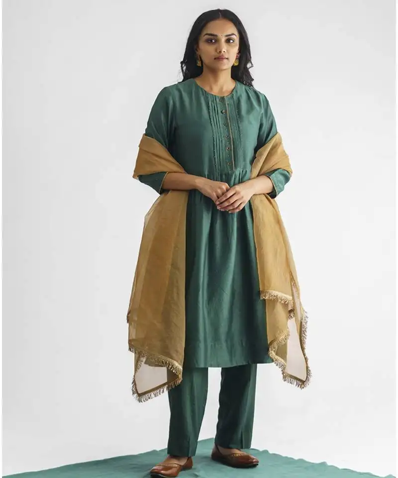 Bottle green bead and sequence work chanderi silk kurta (with slip) with pant and dupatta
