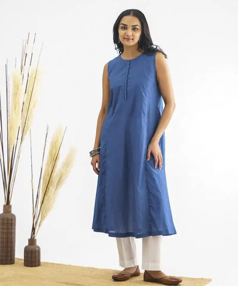 Blue beaded cotton silk kurta with potli button detail with pants