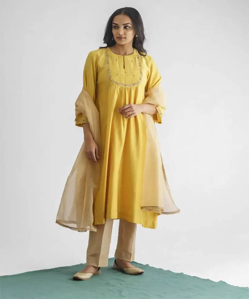Yellow gold floral embroidery chanderi silk cotton kurta (with slip) with pant and dupatta