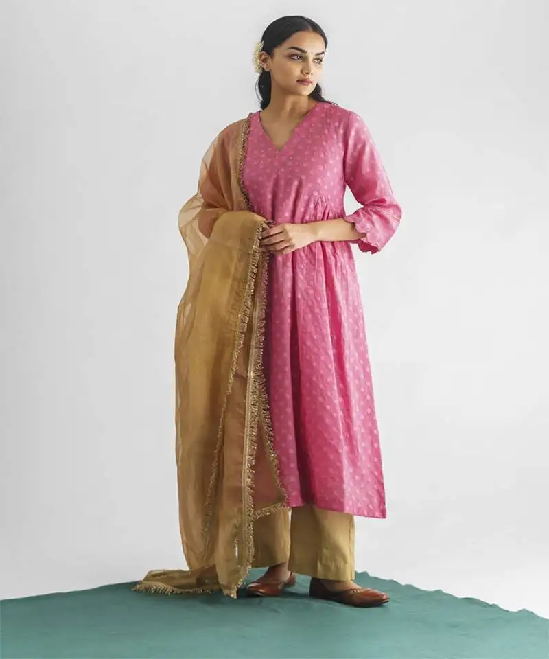 Pink hand embroidered chanderi silk kurta (with slip) with pant and dupatta