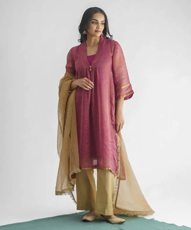 Plum hand embroidered zari stripe kurta (with slip) with pant and dupatta
