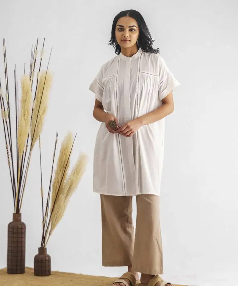 White inset lace pure cotton tunic with pants