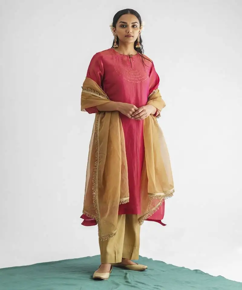 Pink embrodiered georgette tissue kurta (with slip) with pant and dupatta