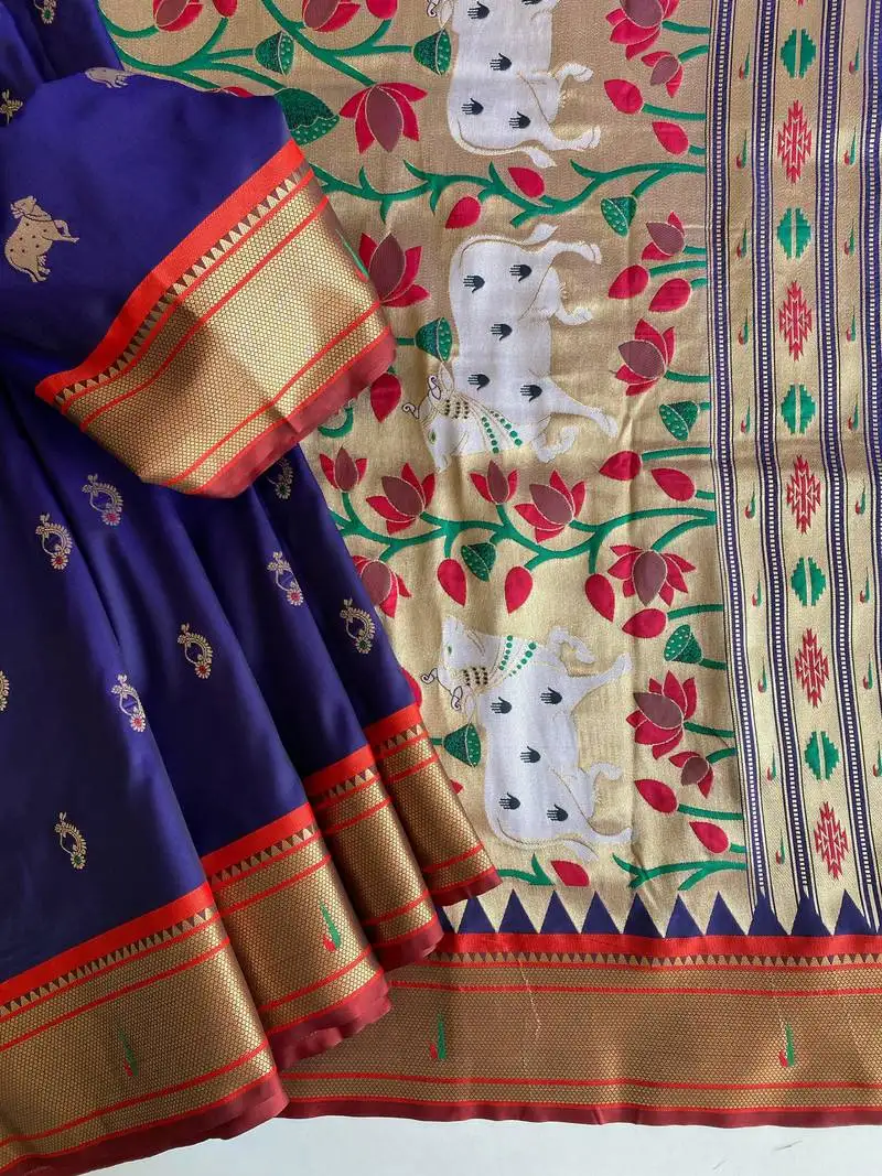 Navy blue art silk blend saree with zari embroidery pichwai pallu & blouse