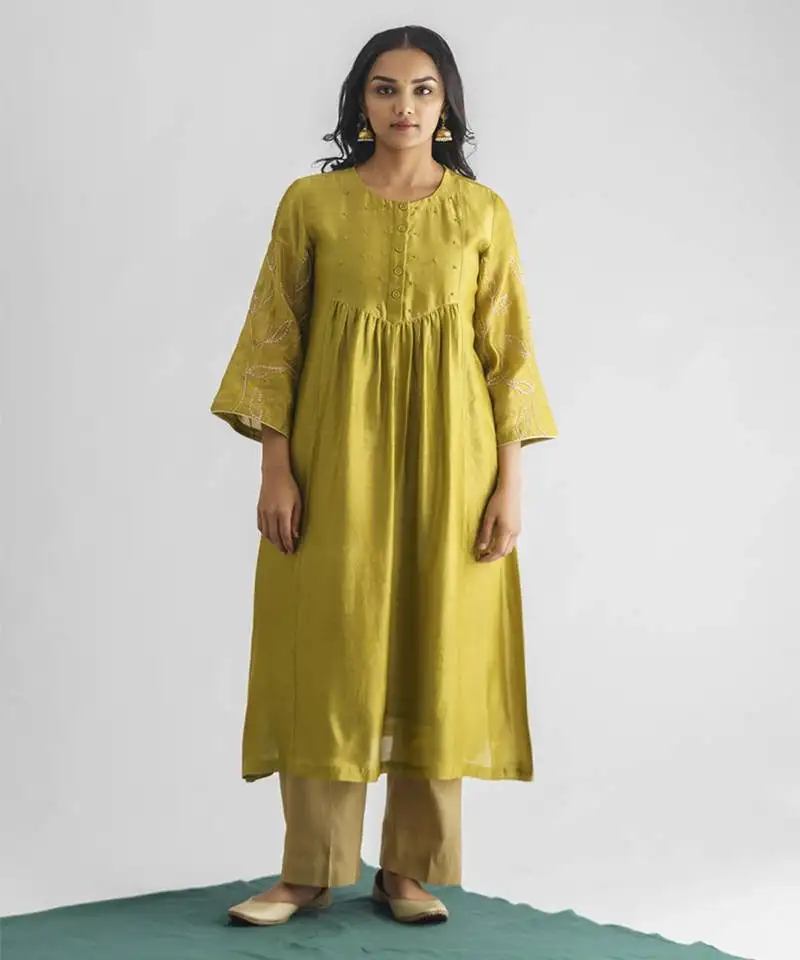 Lime green dori embroidered chanderi silk kurta (with slip) with pants