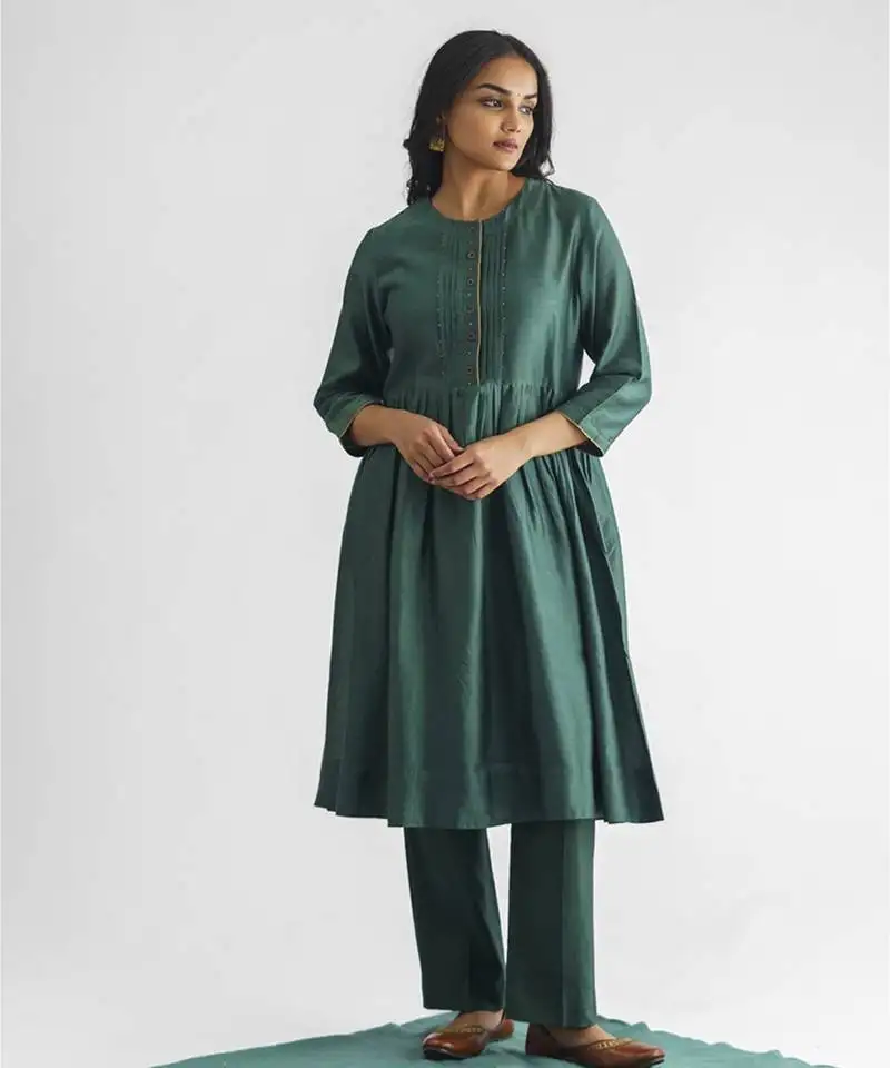 Bottle green bead and sequence work chanderi silk kurta (with slip) with pant