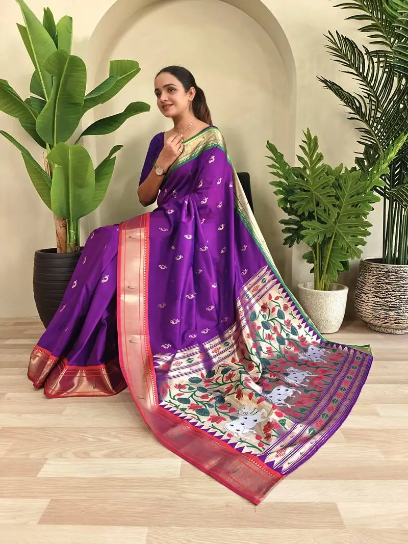 Purple art silk blend saree with zari embroidery pichwai pallu & blouse