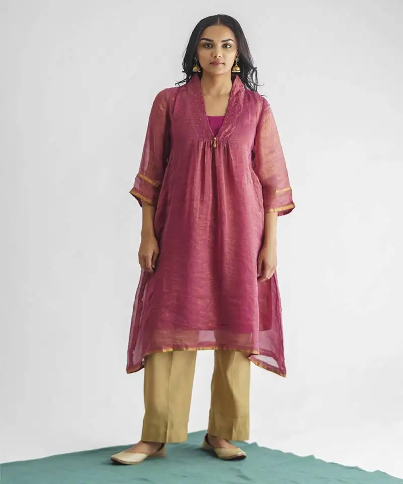 Plum hand embroidered zari stripe kurta (with slip) with pant