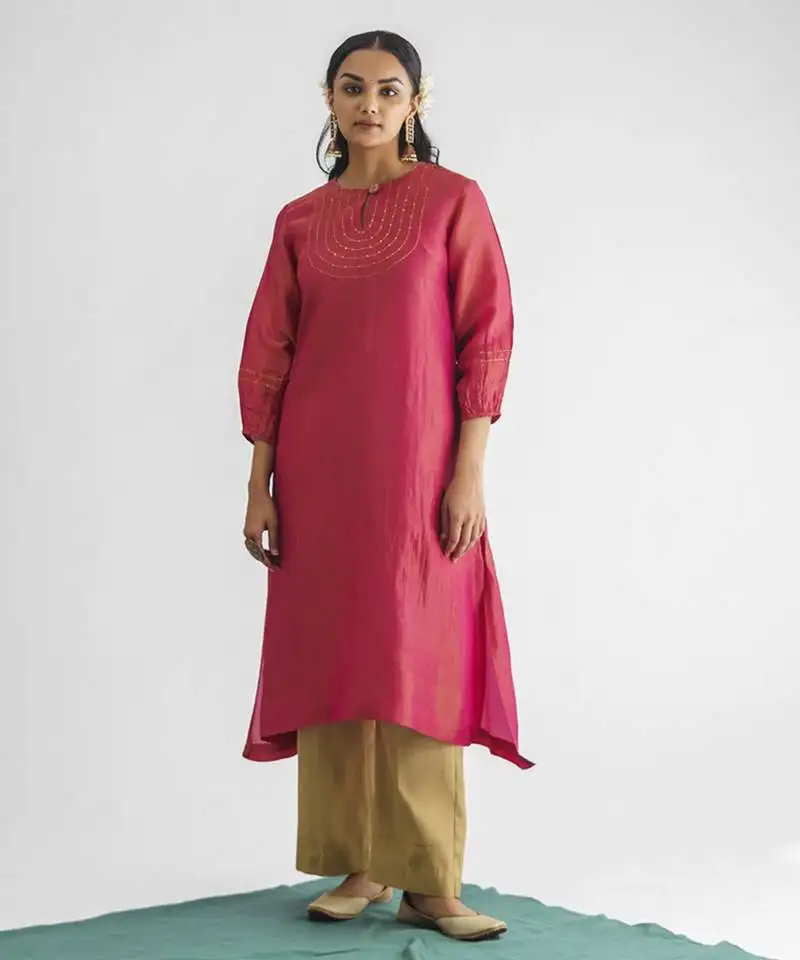 Pink embrodiered georgette tissue kurta (with slip) with pant