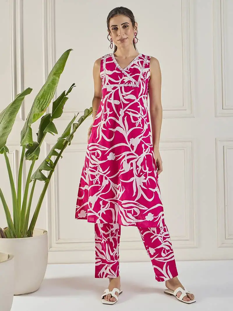 Women pink cotton printed lac yoke co-ord set stitched