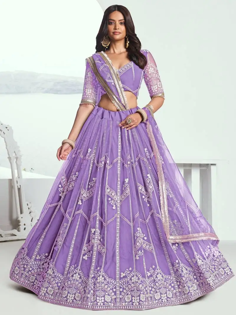 Lavender thread work net engagement wear lehenga choli