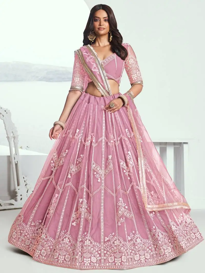 Pink thread embroidered work net wedding lehenga choli