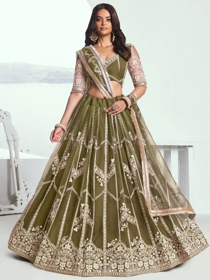 Olive green sequins net mehendi wear lehenga choli
