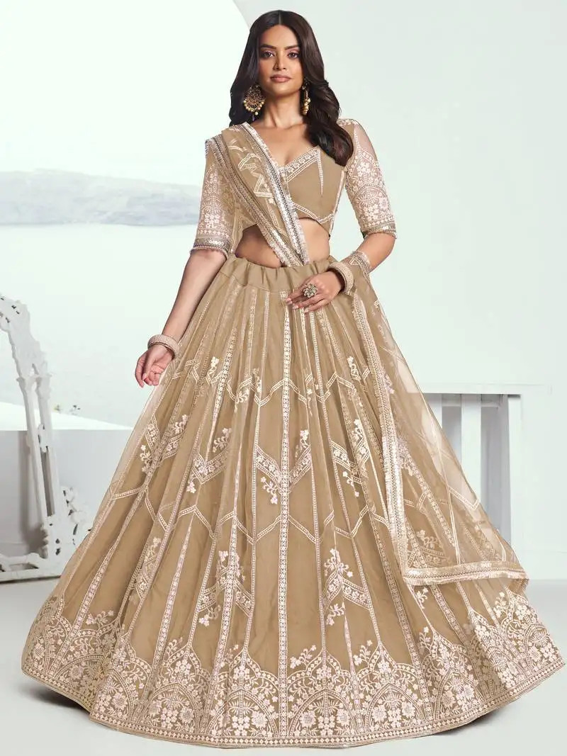 Beige thread work net designer lehenga choli with dupatta