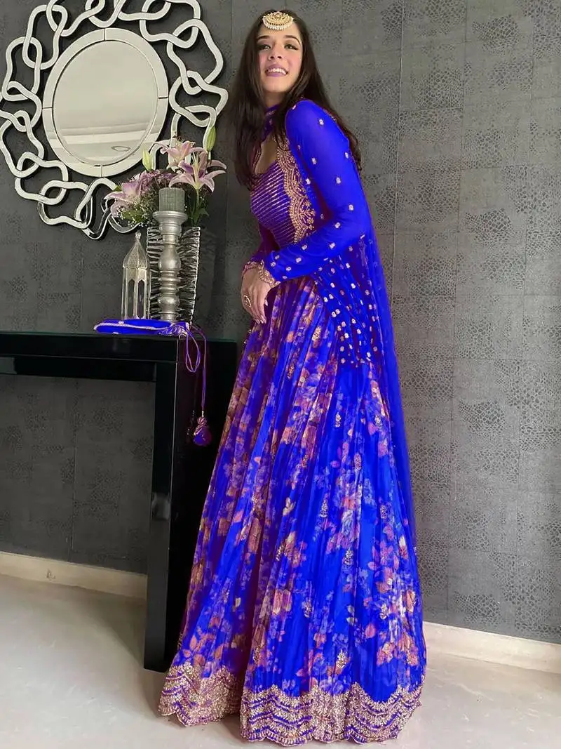 Blue floral printed georgette designer lehenga choli with jacket