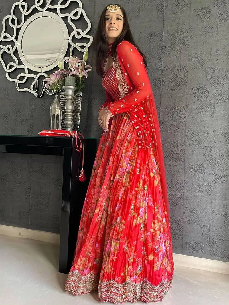 Red thread embroidered georgette lehenga choli with jacket