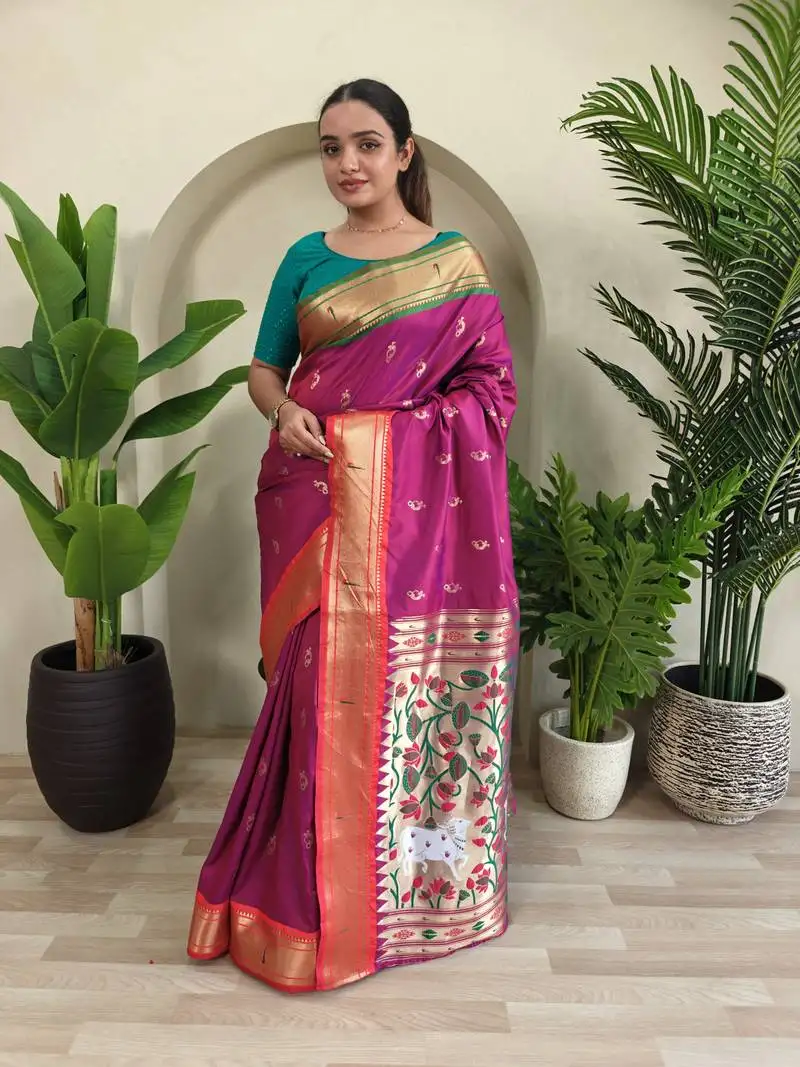 Pink art silk blend saree with zari embroidery pichwai pallu & blouse