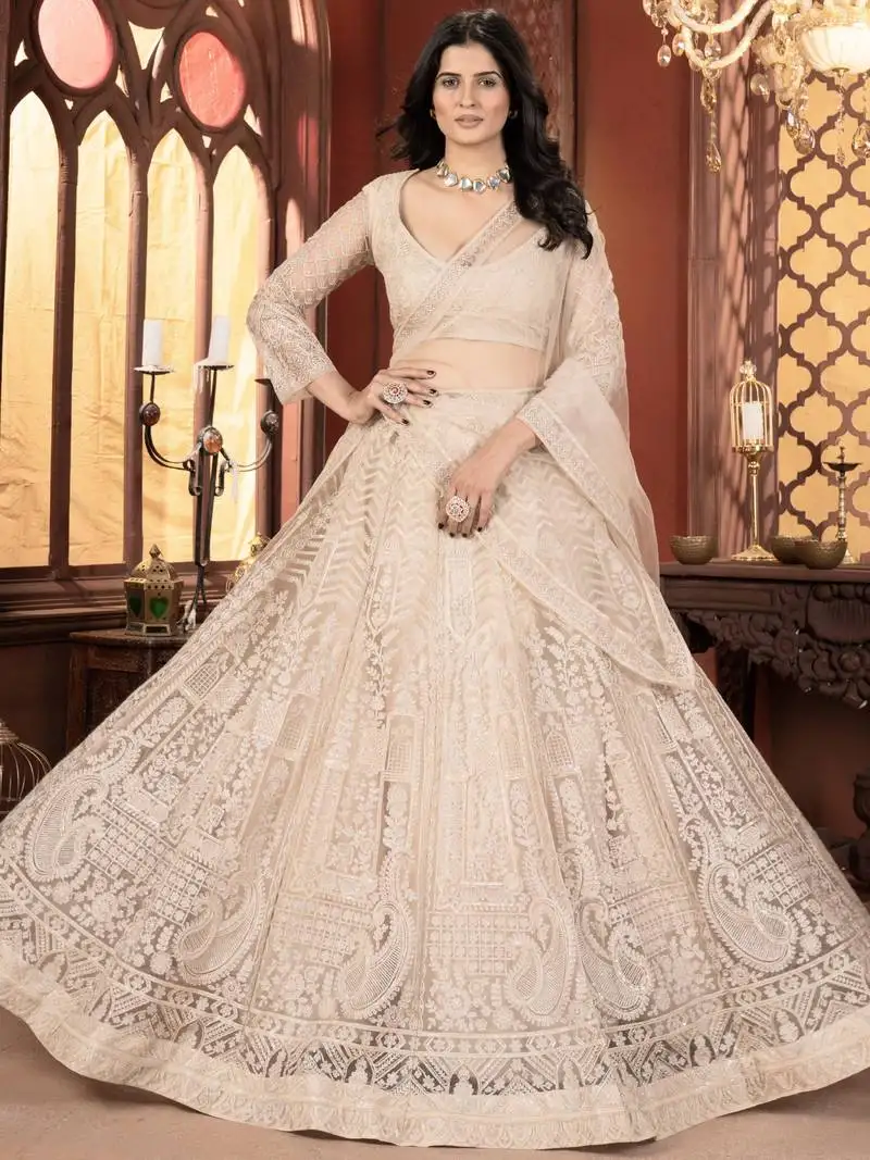Beige thread work net reception wear lehenga choli with dupatta