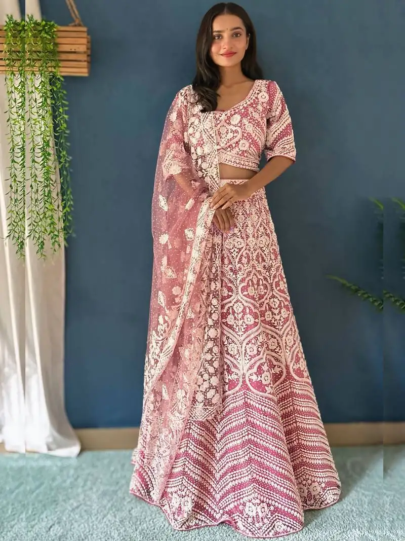 Pink pearl work net wedding wear lehenga choli with dupatta