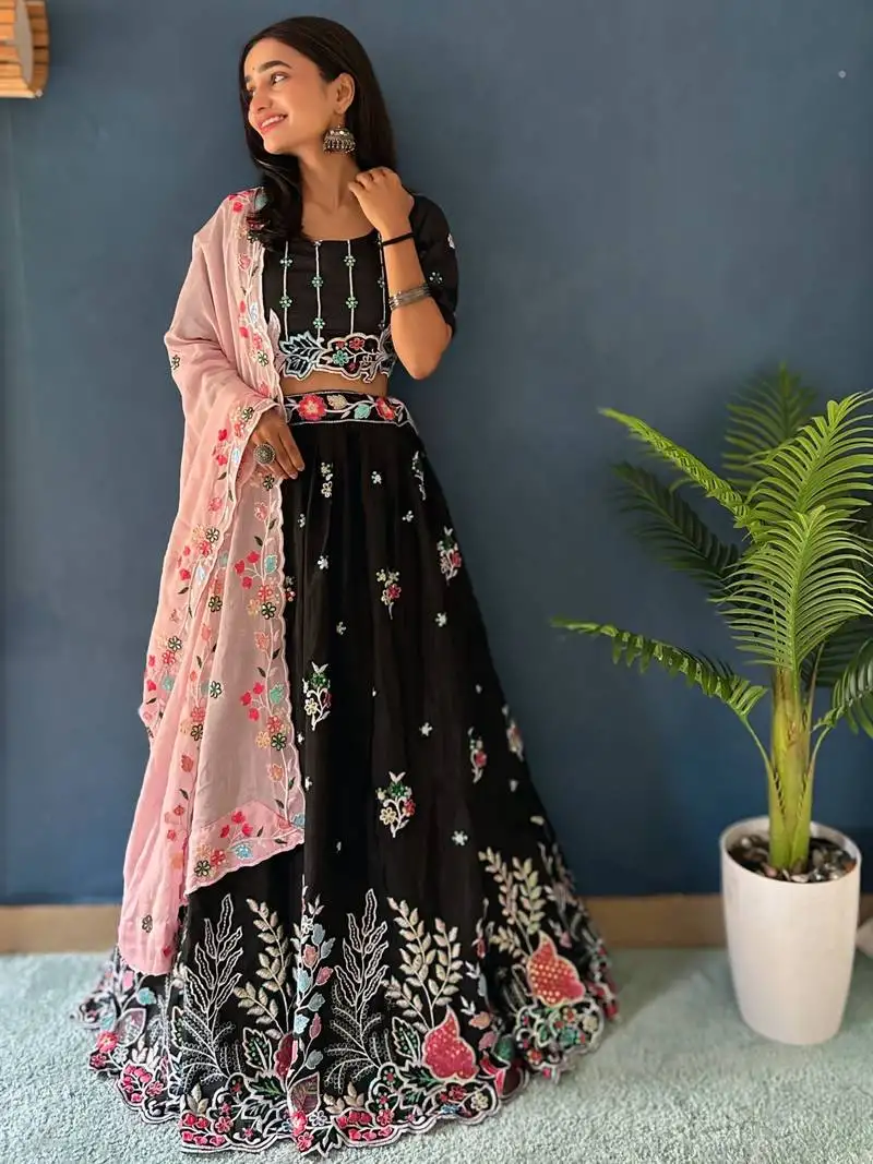 Black thread embroidered chinon party wear lehenga choli