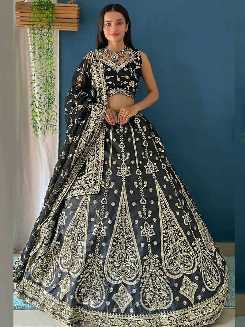 Black zari embroidery silk bridesmaid lehenga choli
