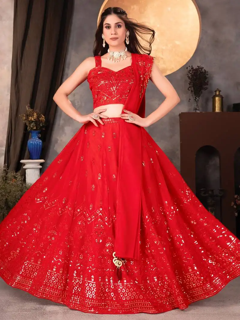 Red thread work georgette designer lehenga choli