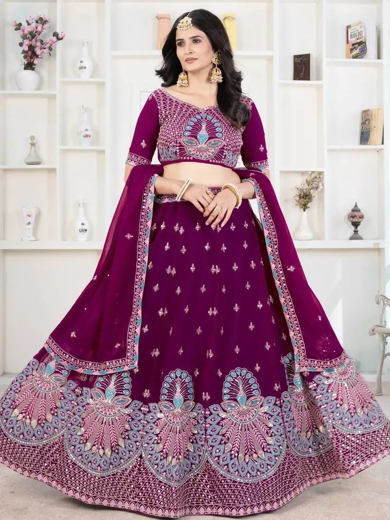 Purple thread work georgette lehenga choli with dupatta