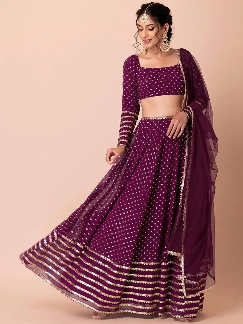 Purple sequins georgette bridesmaid lehenga choli with dupatta