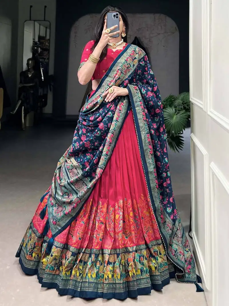 Pink digital printed tussar silk traditional lehenga choli