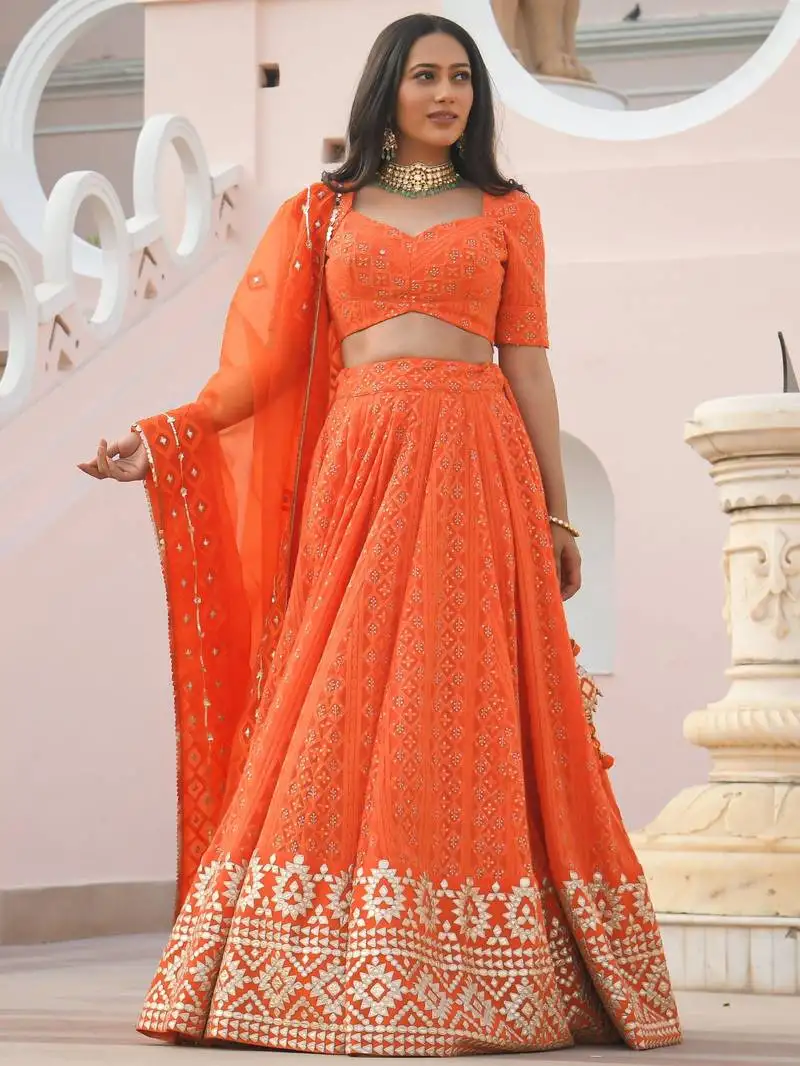 Orange sequins georgette sangeet wear lehenga choli