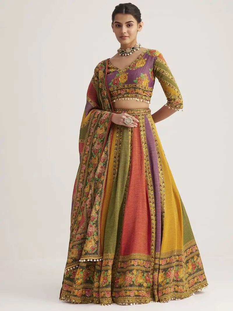 Multi-color floral printed organza traditional lehenga choli
