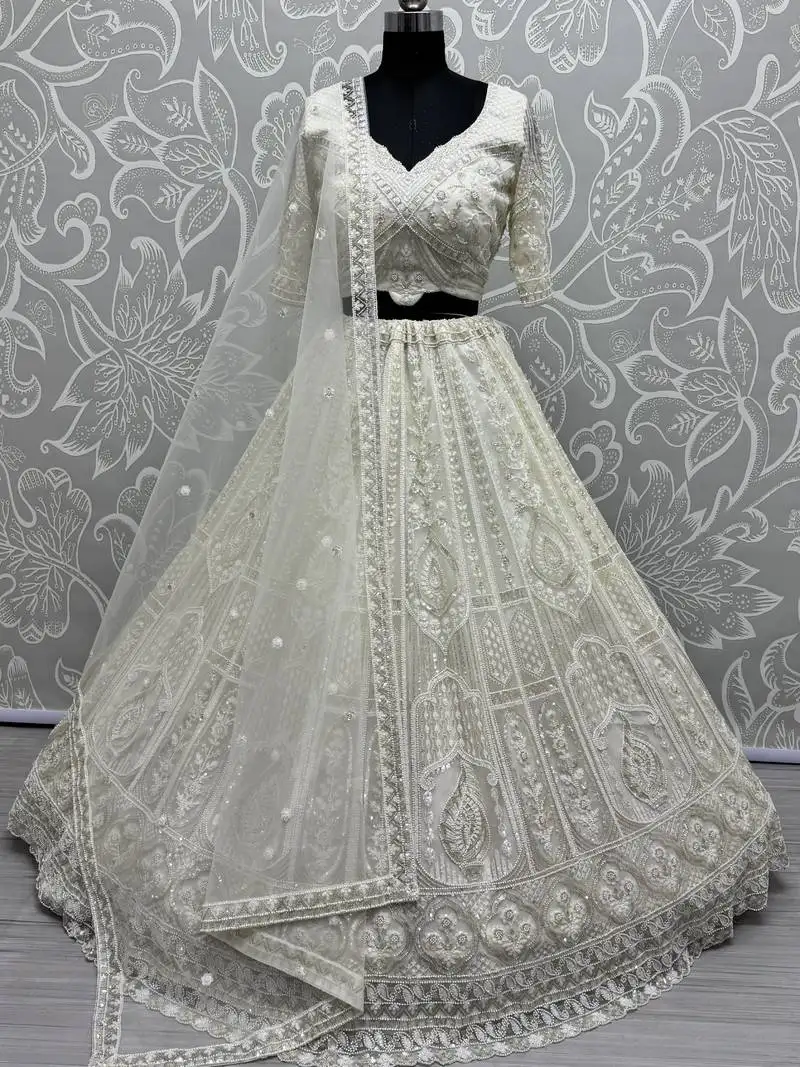White pearl work net party wear lehenga choli with dupatta