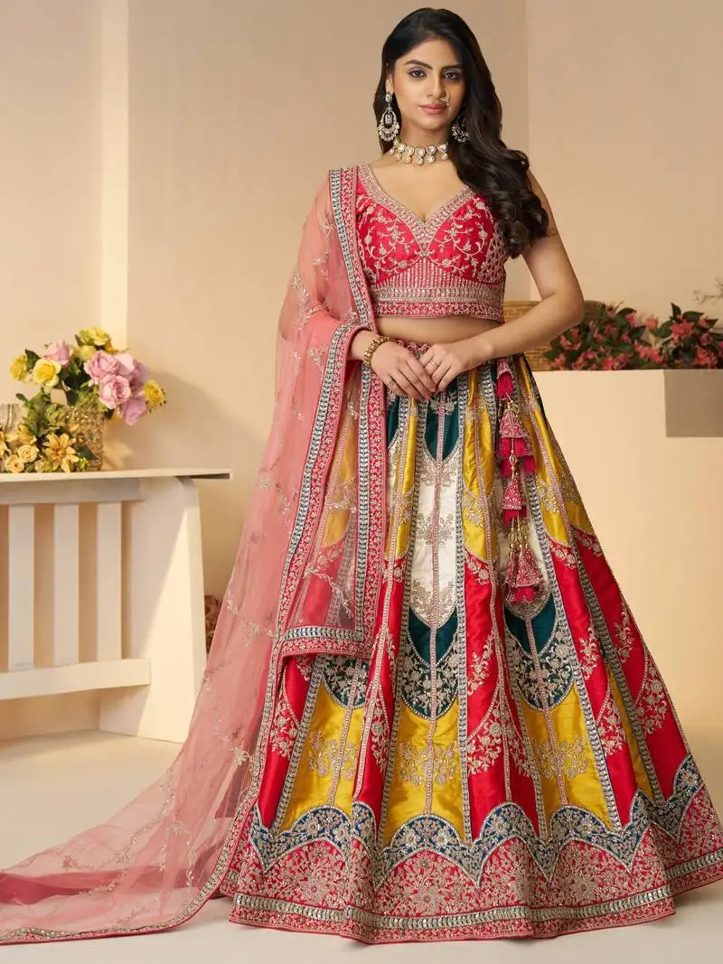 Multi-color patch work silk bridesmaid lehenga choli